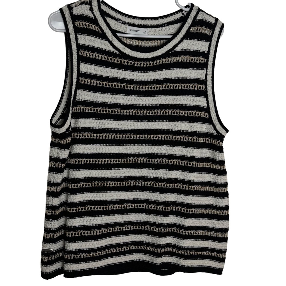 Nine‎ West Black White Stripe Knit Tank Top XL Metallic Gold Detail Sleeveless